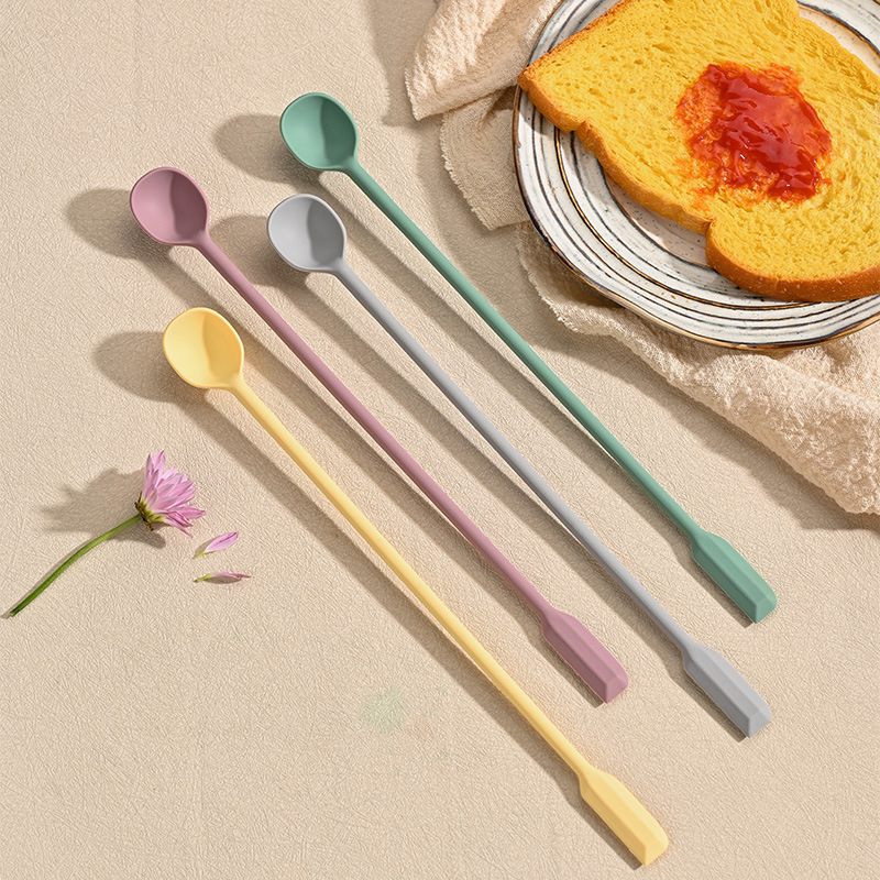 Silicon alimentar, spatulă dublă cu lingură de amestec, bețișor cu mâner lung, pentru miere și lapte praf, rezistent la temperaturi înalte