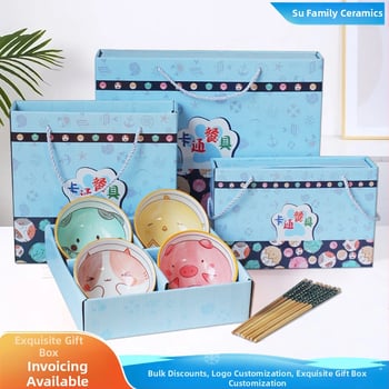 Set de boluri ceramice și bețișoare în stil japonez, model desen animat pentru copii, cutie cadou