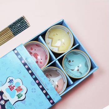 Set de boluri ceramice și bețișoare în stil japonez, model desen animat pentru copii, cutie cadou
