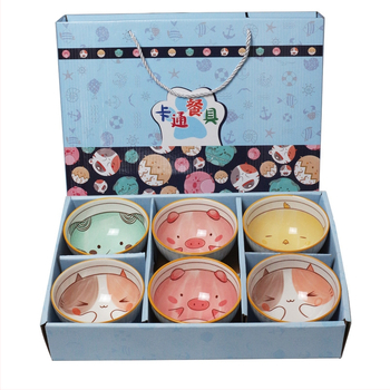 Set de boluri ceramice și bețișoare în stil japonez, model desen animat pentru copii, cutie cadou