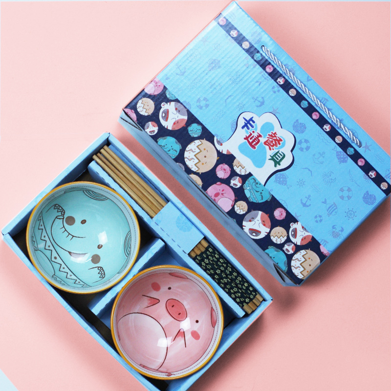 Set de boluri ceramice și bețișoare în stil japonez, model desen animat pentru copii, cutie cadou