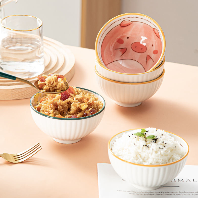 Set de boluri ceramice și bețișoare în stil japonez, model desen animat pentru copii, cutie cadou