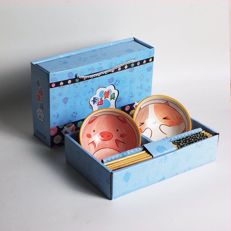 Set de boluri ceramice și bețișoare în stil japonez, model desen animat pentru copii, cutie cadou