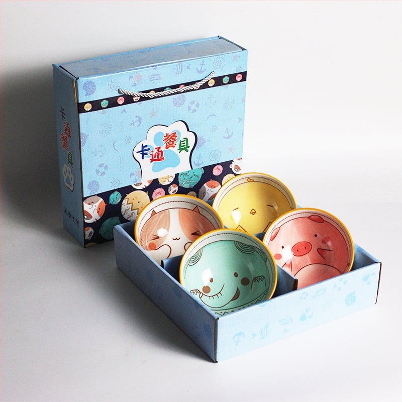 Set de boluri ceramice și bețișoare în stil japonez, model desen animat pentru copii, cutie cadou