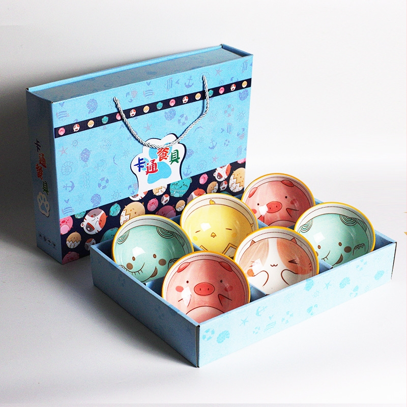 Set de boluri ceramice și bețișoare în stil japonez, model desen animat pentru copii, cutie cadou