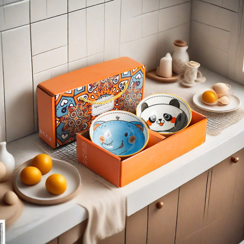 Set de boluri ceramice și bețișoare în stil japonez, model desen animat pentru copii, cutie cadou