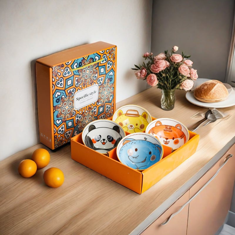 Set de boluri ceramice și bețișoare în stil japonez, model desen animat pentru copii, cutie cadou