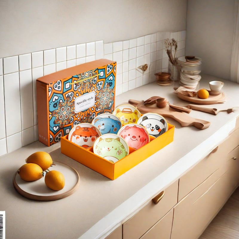 Set de boluri ceramice și bețișoare în stil japonez, model desen animat pentru copii, cutie cadou