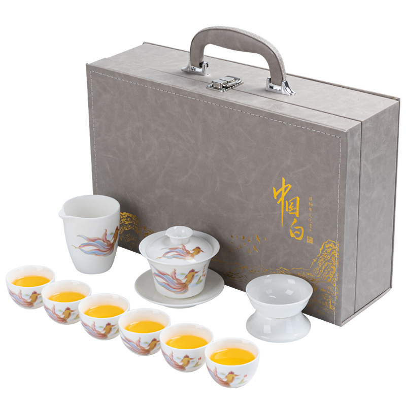 Teáskészlet tejfehér jade-ból, bőr dobozban, fehér porcelán Kung-Fu teáskészlet ajándékdobozban