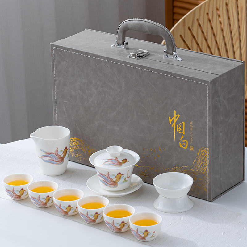 Teáskészlet tejfehér jade-ból, bőr dobozban, fehér porcelán Kung-Fu teáskészlet ajándékdobozban
