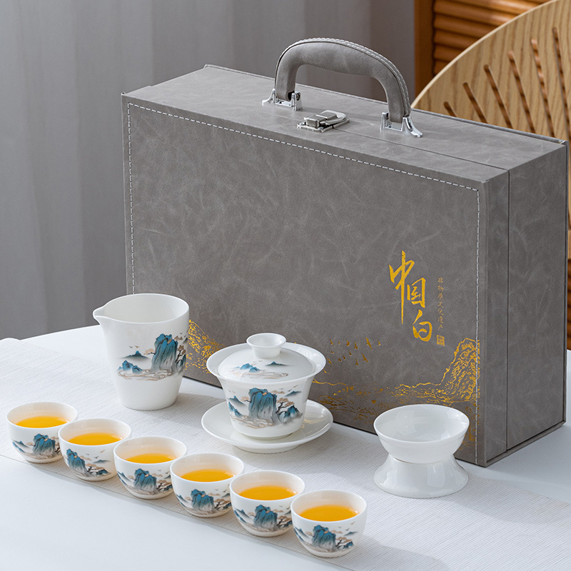 Teáskészlet tejfehér jade-ból, bőr dobozban, fehér porcelán Kung-Fu teáskészlet ajándékdobozban