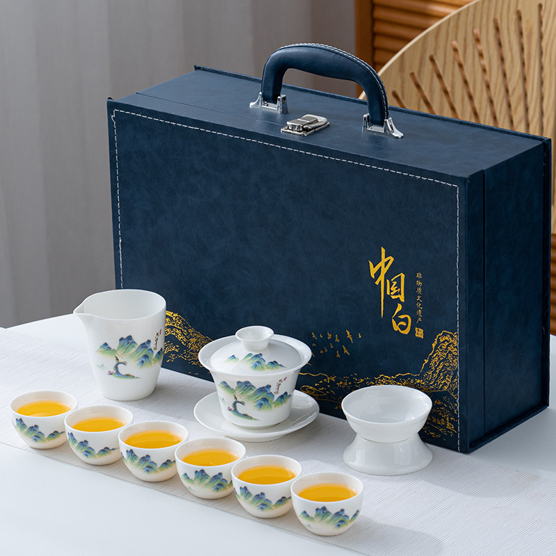 Teáskészlet tejfehér jade-ból, bőr dobozban, fehér porcelán Kung-Fu teáskészlet ajándékdobozban