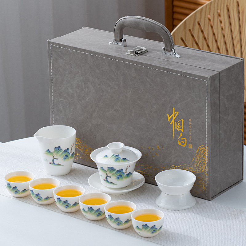 Teáskészlet tejfehér jade-ból, bőr dobozban, fehér porcelán Kung-Fu teáskészlet ajándékdobozban