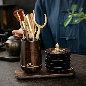 Set pentru ceremonia ceaiului Six Gentlemen din lemn de abanos, accesorii din cupru și oțel inoxidabil, clip pentru ceai din oțel inoxidabil, suport pentru stilou și bază pentru cești