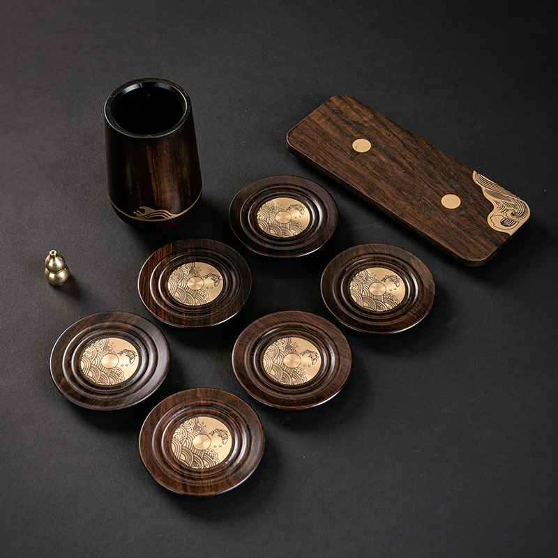 Set pentru ceremonia ceaiului Six Gentlemen din lemn de abanos, accesorii din cupru și oțel inoxidabil, clip pentru ceai din oțel inoxidabil, suport pentru stilou și bază pentru cești