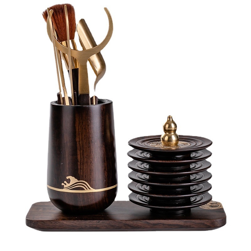 Set pentru ceremonia ceaiului Six Gentlemen din lemn de abanos, accesorii din cupru și oțel inoxidabil, clip pentru ceai din oțel inoxidabil, suport pentru stilou și bază pentru cești