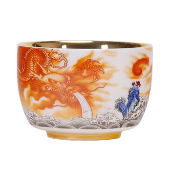 Căniță de ceai din porțelan Dehua, albă ca jadul, cu motiv dragon și phoenix aurit, decor emailat, stil Jian Zhan