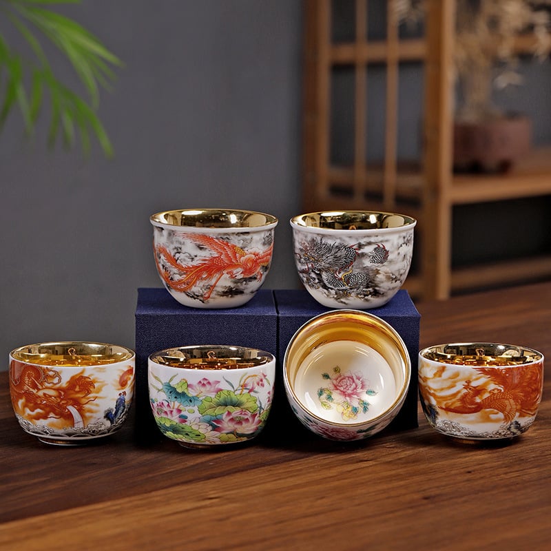 Căniță de ceai din porțelan Dehua, albă ca jadul, cu motiv dragon și phoenix aurit, decor emailat, stil Jian Zhan