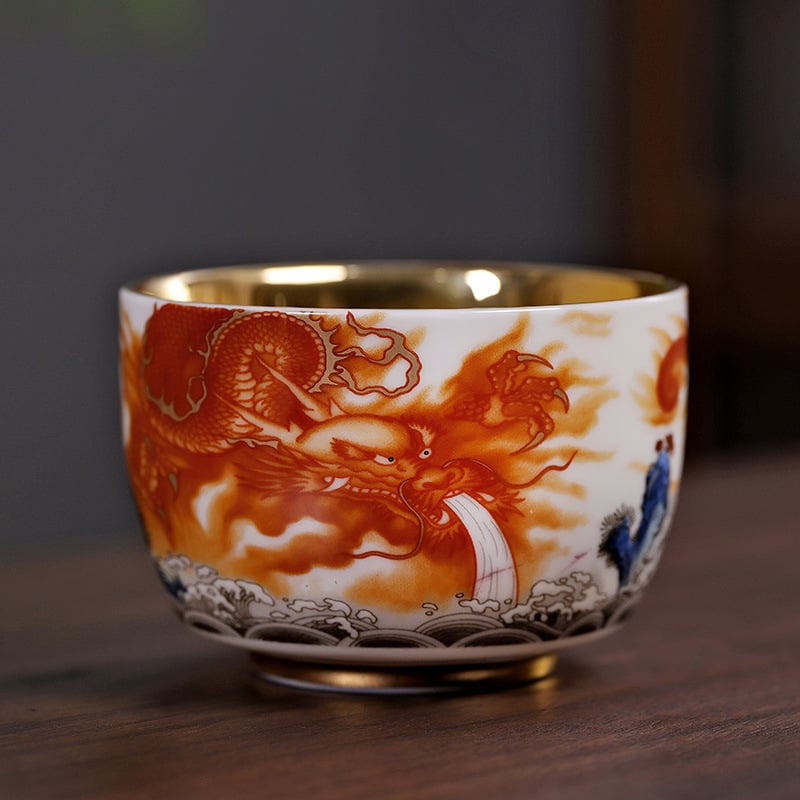 Căniță de ceai din porțelan Dehua, albă ca jadul, cu motiv dragon și phoenix aurit, decor emailat, stil Jian Zhan
