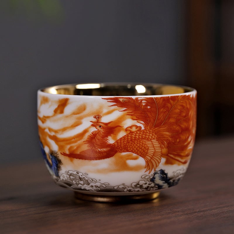 Căniță de ceai din porțelan Dehua, albă ca jadul, cu motiv dragon și phoenix aurit, decor emailat, stil Jian Zhan
