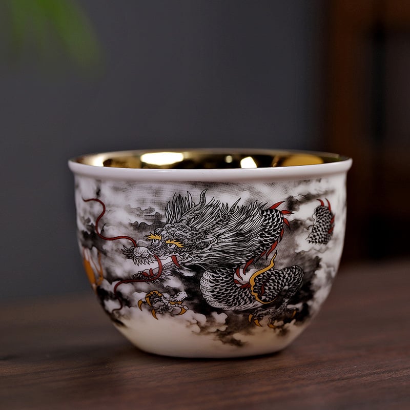 Căniță de ceai din porțelan Dehua, albă ca jadul, cu motiv dragon și phoenix aurit, decor emailat, stil Jian Zhan