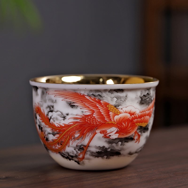 Căniță de ceai din porțelan Dehua, albă ca jadul, cu motiv dragon și phoenix aurit, decor emailat, stil Jian Zhan