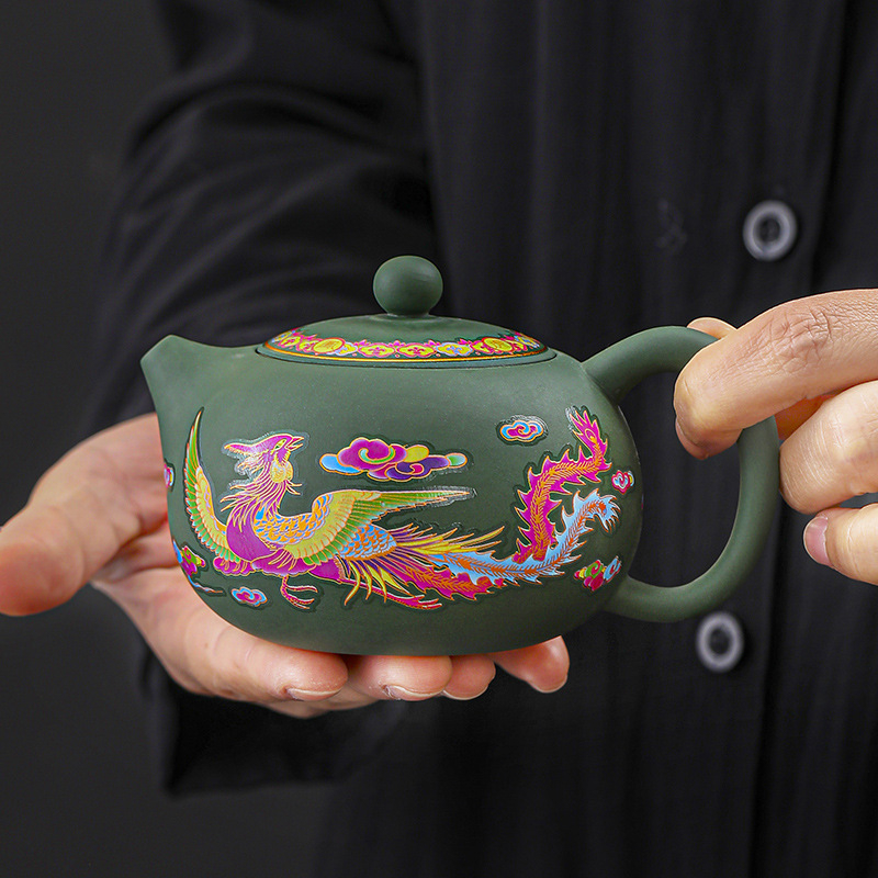 Ceainic Fengming din lut purpuriu, cu schimbare de culoare, motiv Dragon și Phoenix, ceramică, stil retro
