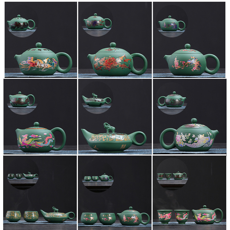 Ceainic Fengming din lut purpuriu, cu schimbare de culoare, motiv Dragon și Phoenix, ceramică, stil retro