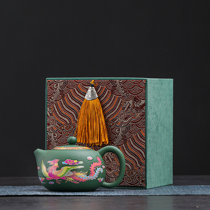 Ceainic Fengming din lut purpuriu, cu schimbare de culoare, motiv Dragon și Phoenix, ceramică, stil retro