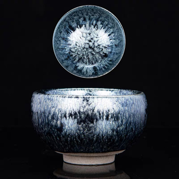 Ceșuța de ceai Jianyang Jianzhan – Ceașcă de Maestru, Glazură minerală originală, gură subțire, Stil Zen minimalist, Albastru cu sute de flori și Qilin, Confecționată manual