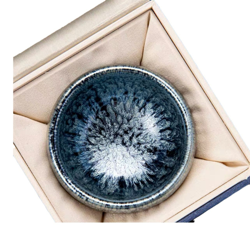 Ceșuța de ceai Jianyang Jianzhan – Ceașcă de Maestru, Glazură minerală originală, gură subțire, Stil Zen minimalist, Albastru cu sute de flori și Qilin, Confecționată manual