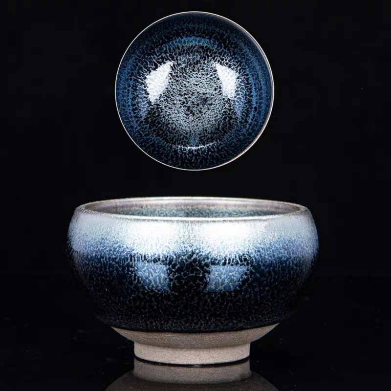 Ceșuța de ceai Jianyang Jianzhan – Ceașcă de Maestru, Glazură minerală originală, gură subțire, Stil Zen minimalist, Albastru cu sute de flori și Qilin, Confecționată manual