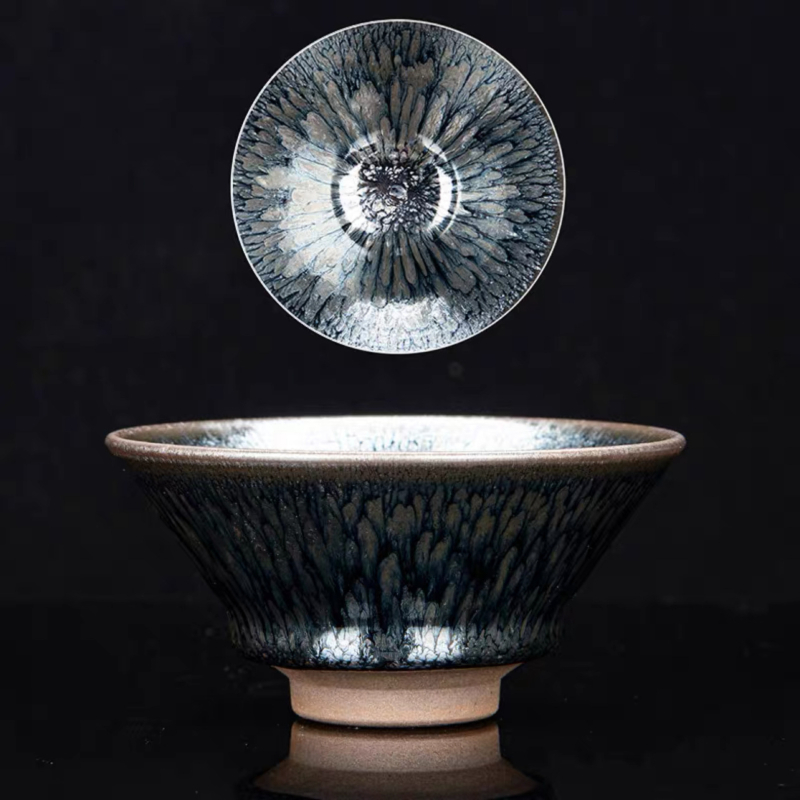 Ceșuța de ceai Jianyang Jianzhan – Ceașcă de Maestru, Glazură minerală originală, gură subțire, Stil Zen minimalist, Albastru cu sute de flori și Qilin, Confecționată manual