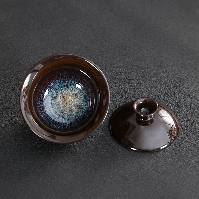 Set ceramic de ceai cu capac, glazură Tianmu, ars în cuptor, bol de ceai și ceașcă în nuanțe nisipoase aurii, set Kung Fu cu capac