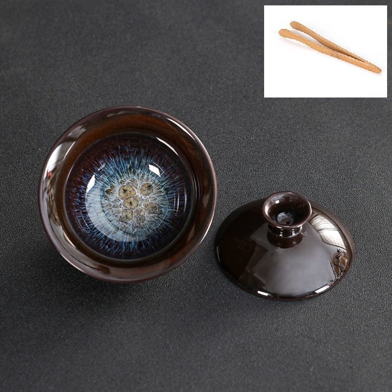 Set ceramic de ceai cu capac, glazură Tianmu, ars în cuptor, bol de ceai și ceașcă în nuanțe nisipoase aurii, set Kung Fu cu capac