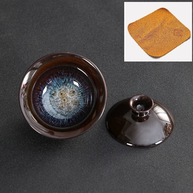 Set ceramic de ceai cu capac, glazură Tianmu, ars în cuptor, bol de ceai și ceașcă în nuanțe nisipoase aurii, set Kung Fu cu capac