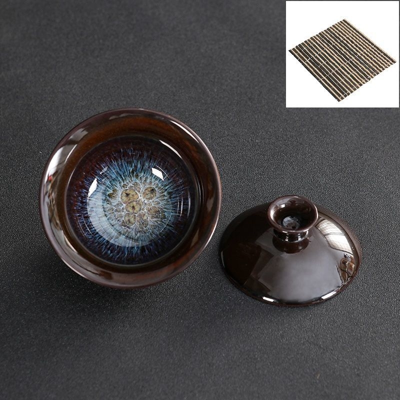 Set ceramic de ceai cu capac, glazură Tianmu, ars în cuptor, bol de ceai și ceașcă în nuanțe nisipoase aurii, set Kung Fu cu capac