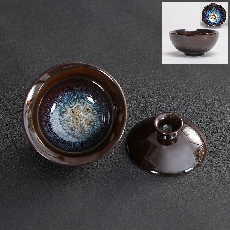 Set ceramic de ceai cu capac, glazură Tianmu, ars în cuptor, bol de ceai și ceașcă în nuanțe nisipoase aurii, set Kung Fu cu capac