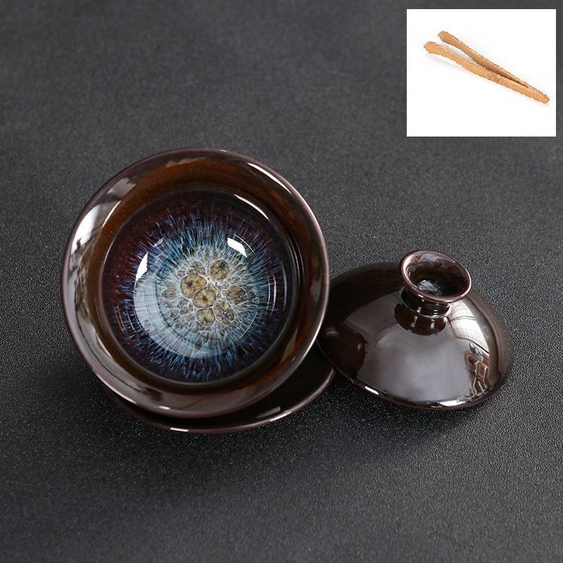 Set ceramic de ceai cu capac, glazură Tianmu, ars în cuptor, bol de ceai și ceașcă în nuanțe nisipoase aurii, set Kung Fu cu capac