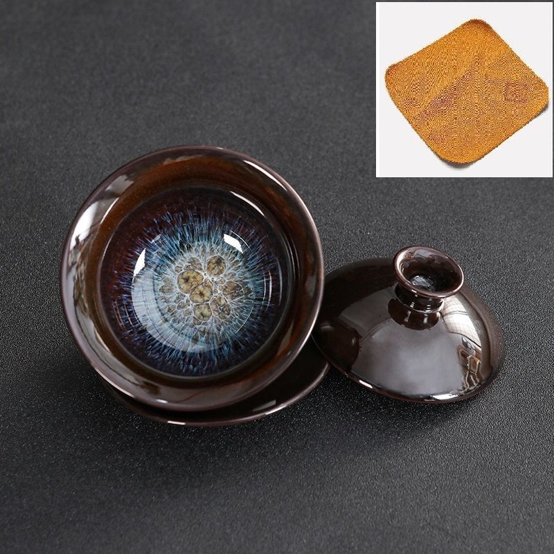 Set ceramic de ceai cu capac, glazură Tianmu, ars în cuptor, bol de ceai și ceașcă în nuanțe nisipoase aurii, set Kung Fu cu capac