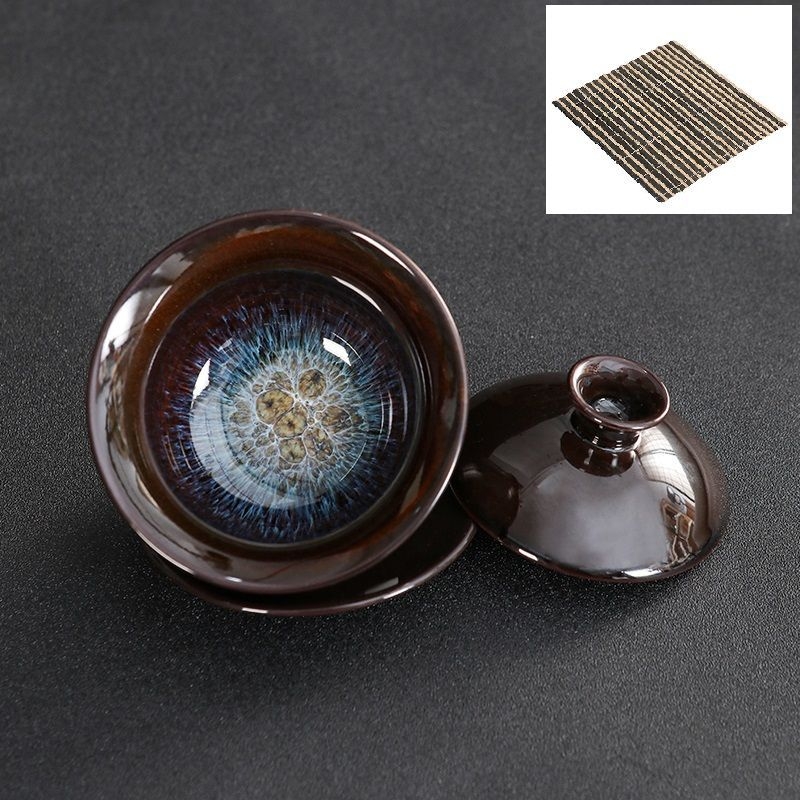 Set ceramic de ceai cu capac, glazură Tianmu, ars în cuptor, bol de ceai și ceașcă în nuanțe nisipoase aurii, set Kung Fu cu capac