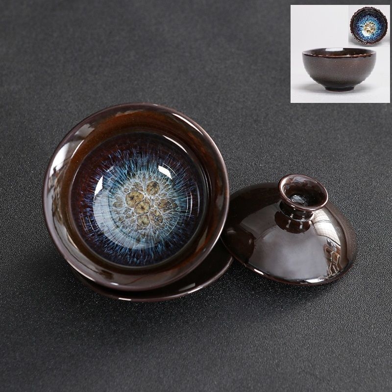 Set ceramic de ceai cu capac, glazură Tianmu, ars în cuptor, bol de ceai și ceașcă în nuanțe nisipoase aurii, set Kung Fu cu capac