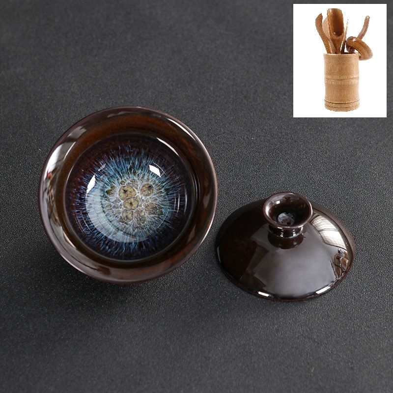 Set ceramic de ceai cu capac, glazură Tianmu, ars în cuptor, bol de ceai și ceașcă în nuanțe nisipoase aurii, set Kung Fu cu capac
