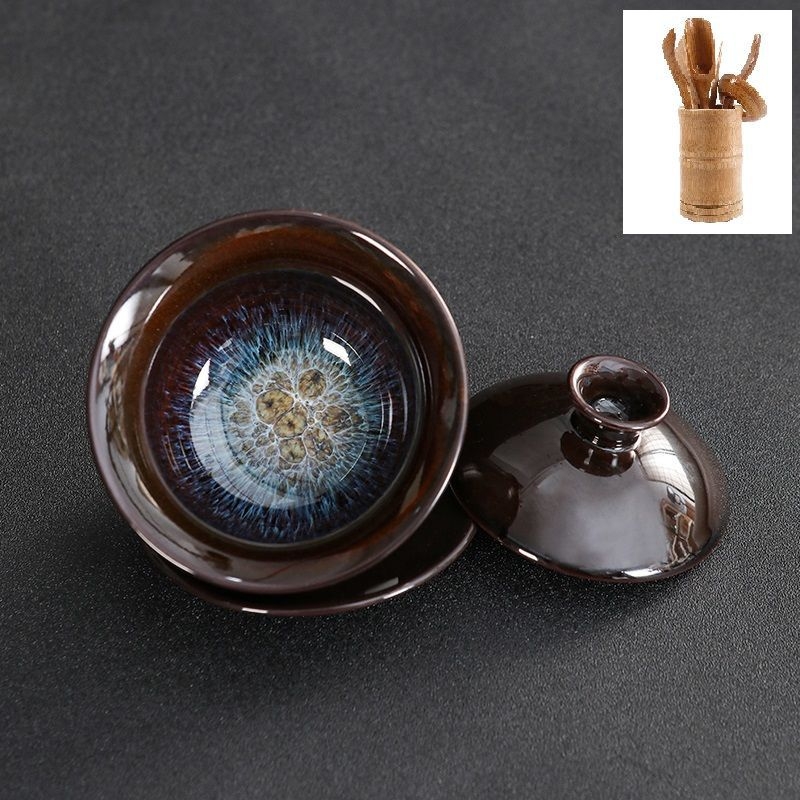 Set ceramic de ceai cu capac, glazură Tianmu, ars în cuptor, bol de ceai și ceașcă în nuanțe nisipoase aurii, set Kung Fu cu capac