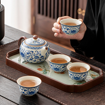 Ceainic Ru Kiln cu lotus albastru-alb, filtru ceramic cu găuri pentru bilă, set Kung Fu de ceai pentru uz casnic, ceainică și ceașcă pentru o persoană