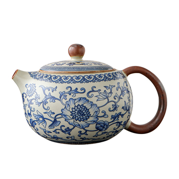Ceainic Ru Kiln cu lotus albastru-alb, filtru ceramic cu găuri pentru bilă, set Kung Fu de ceai pentru uz casnic, ceainică și ceașcă pentru o persoană
