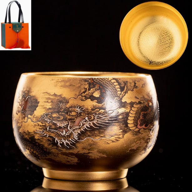 Huang Jianpeng – cană de ceai placată cu aur, motiv Dragonfish Master, porțelan de înaltă calitate, set Kung Fu pentru ceai