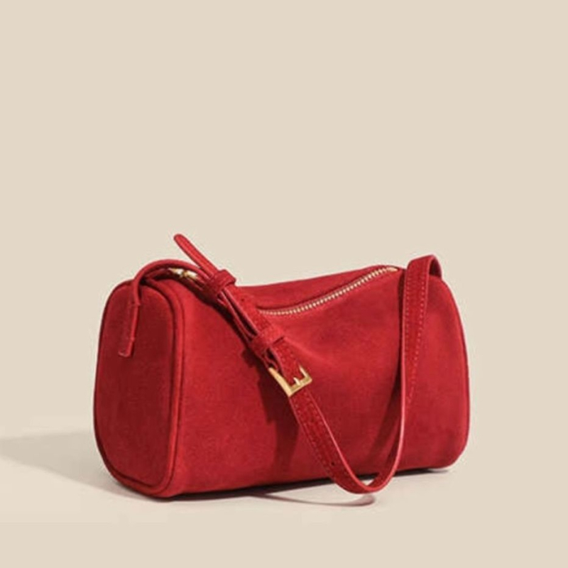 Shenghe lažna nubuk cilindrična mini torbica za žene, crvena, jesen-zima 2025, elegantan dojam, ručna i crossbody torbica
