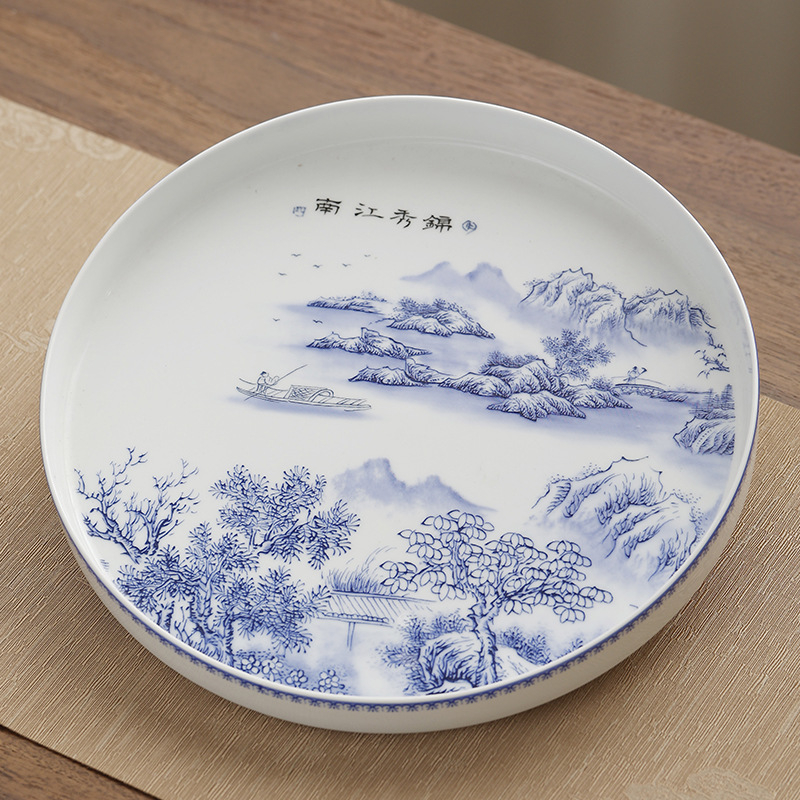 Tavă ceramică pentru ceai, emailată, rotundă, stil retro chinezesc, pentru set de ceai și masă de ceai
