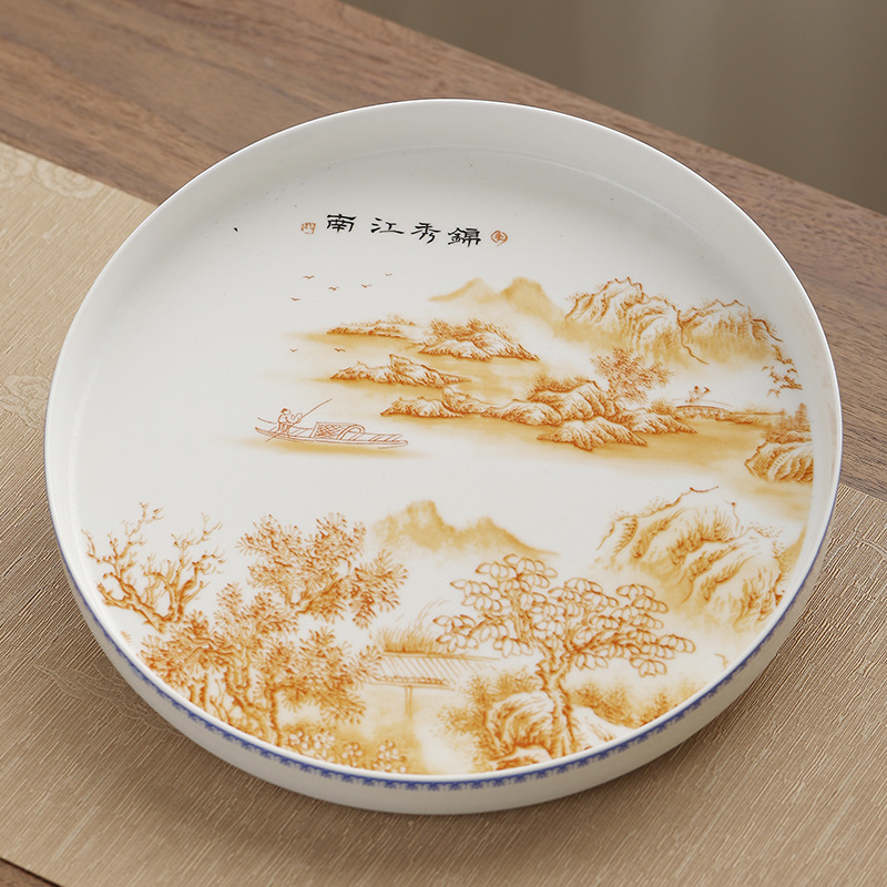 Tavă ceramică pentru ceai, emailată, rotundă, stil retro chinezesc, pentru set de ceai și masă de ceai
